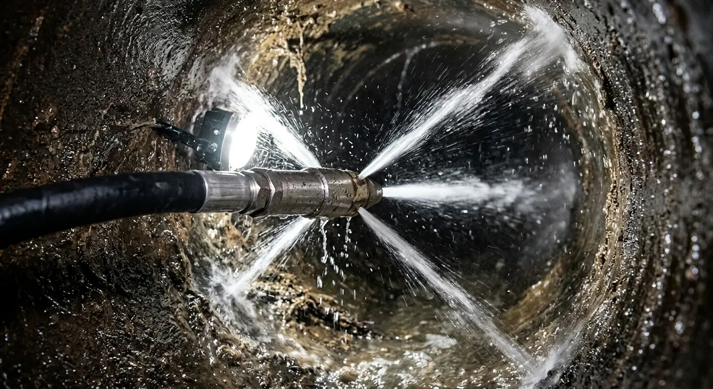 High-pressure hydro jetting nozzle cleaning sewer pipe for Trenchless Sewer Repair in Upper Chichester