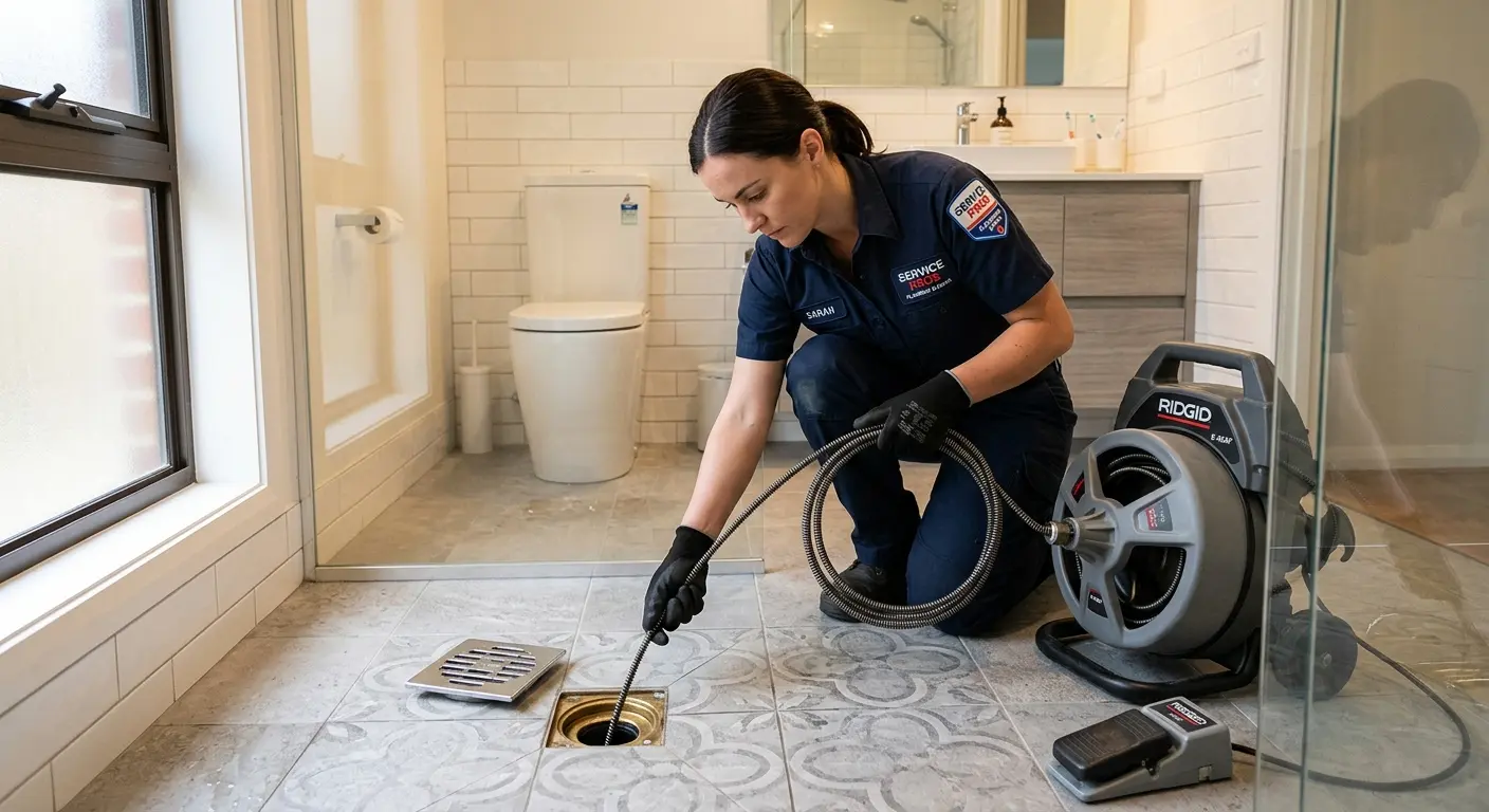 Technician clearing a bathroom floor drain for Clogged Drain Repair in Upper Chichester